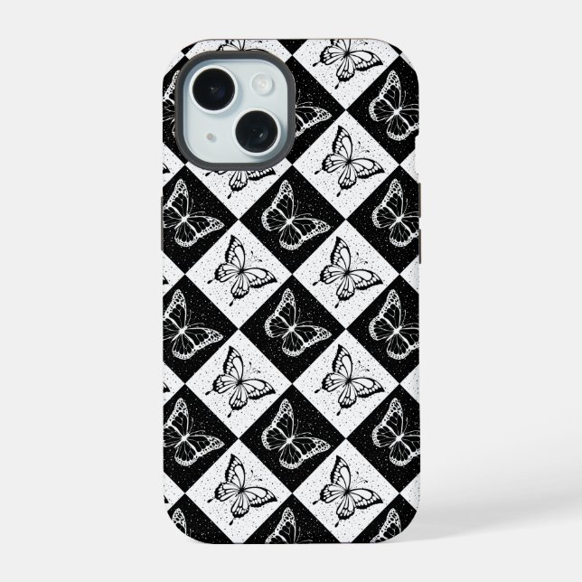 Coque iPhone 15 Papillon à carreaux noir et blanc Design  (Verso)