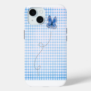 Coque iPhone 15 Papillon bleu en vol sur du vichy