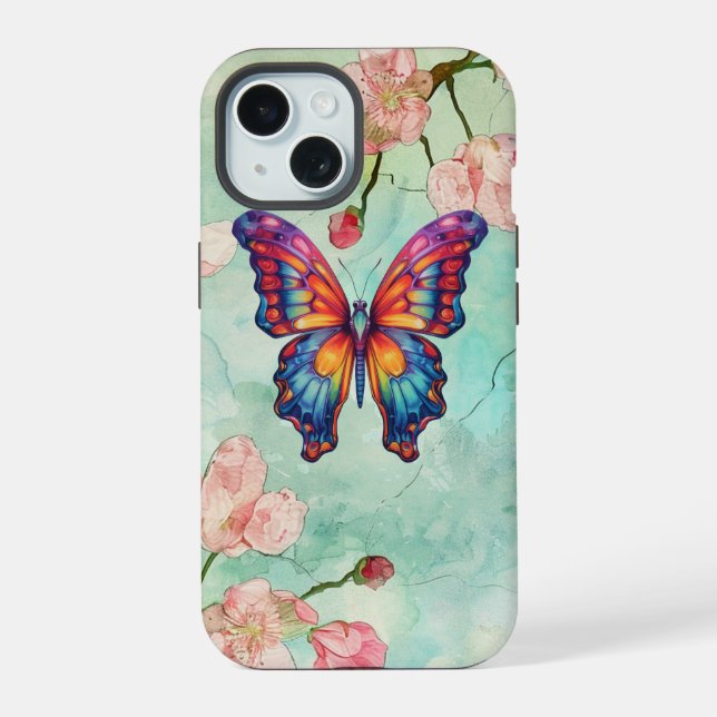 Coque iPhone 15 Papillon Bleu Orange Ailes (Verso)