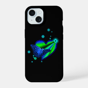 Coque iPhone 15 Papillon bleu sur cœur arc-en-ciel avec étoiles