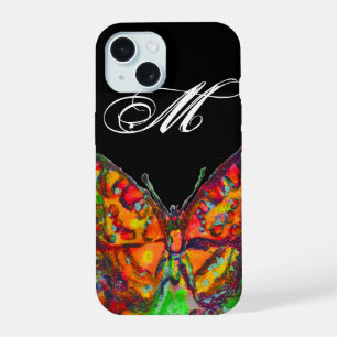Coque iPhone 15 PAPILLON COLORÉ ROUGE OR JAUNE MONOGRAMME Noir