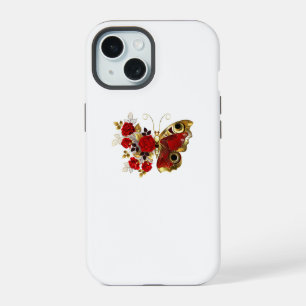 Coque iPhone 15 Papillon fleur rouge avec des roses rouges