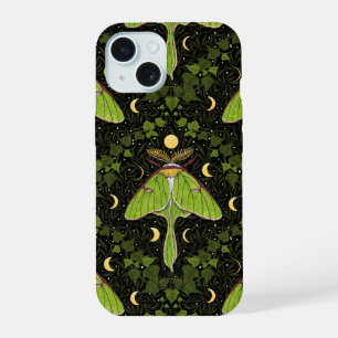 Coque iPhone 15 Papillon lune, phases lunaires et damassé de lierr