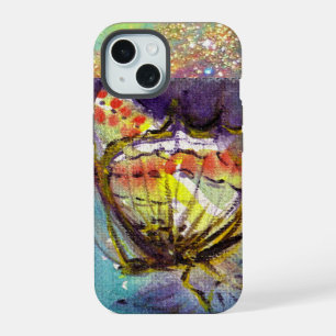 COQUE iPhone 15 PAPILLON MAGIQUE EN OR BLEU PAILLÈTES