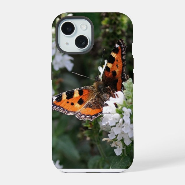 Coque iPhone 15 Papillon orange et fleurs blanches (Verso)