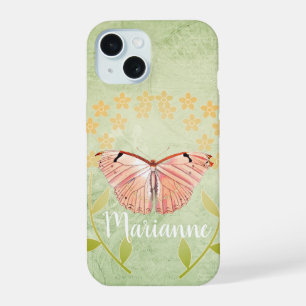 Coque iPhone 15 Papillon rose sur fond floral vert