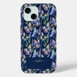 Coque iPhone 15 Papillons Aquarelle Fleur de Glycine Nom Personnal