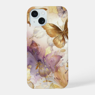 Coque iPhone 15 Papillons aquarelle papillon violet et or