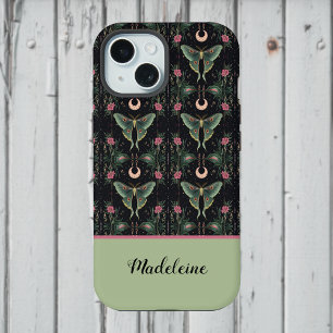 Coque iPhone 15 Papillons de lune vert sauge Fleurs roses de lune