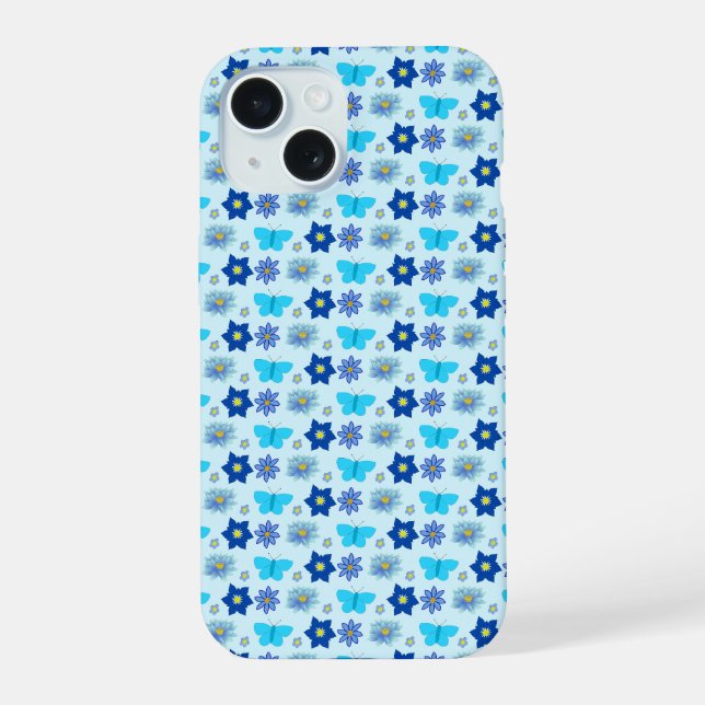 Coque iPhone 15 Papillons et fleurs bleus pour bébé garçon (Verso)