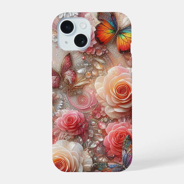 Coque iPhone 15 Papillons mousseux et roses (Verso)