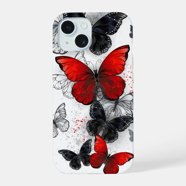 Coque iPhone 15 Papillons noirs et rouges volants (Verso)