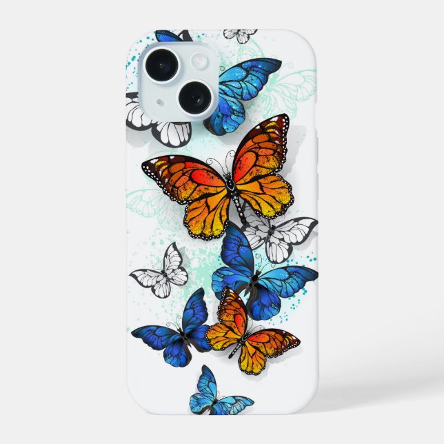 Coque iPhone 15 Papillons volants Morpho et Monarch (Verso)
