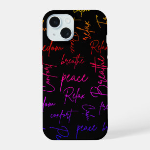 Coque iPhone 15 Paroles de Yoga Écriture Colorée Noir Design