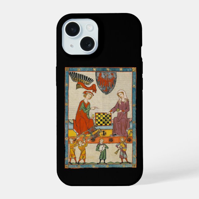 Coque iPhone 15 Partie d'échecs Codex Manesse XIVe siècle (Verso)