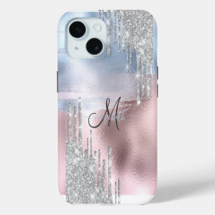 Coque iPhone 15 Parties scintillant argent gouttes Rose bleu métal