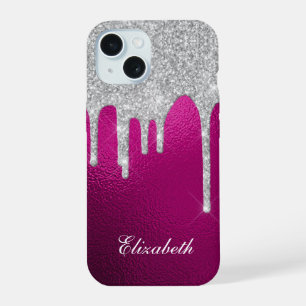 Coque iPhone 15 Parties scintillant argent gouttes rose chaud Glam
