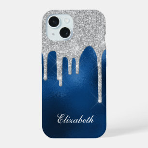 Coque iPhone 15 Parties scintillant argent gouttes Royal Blue Glam