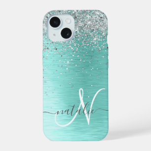 Coque iPhone 15 Parties scintillant argentée turquoise en métal br