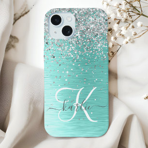 Coque iPhone 15 Parties scintillant argentée turquoise en métal br
