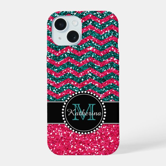 Coque iPhone 15 Parties scintillant bleue et rose Chevron Défenseu (Verso)