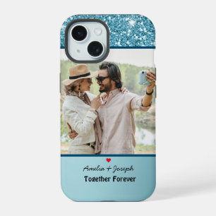 Coque iPhone 15 Parties scintillant Bleue Moderne Personnalisé Amo