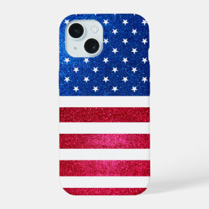 Coque iPhone 15 Parties scintillant Bleue Rouge Drapeau Patriotiqu