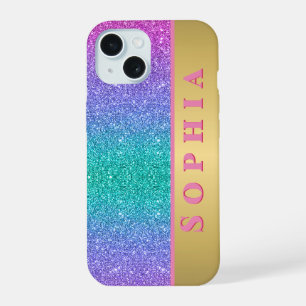 Coque iPhone 15 Parties scintillant couleur rose vert et bleu text