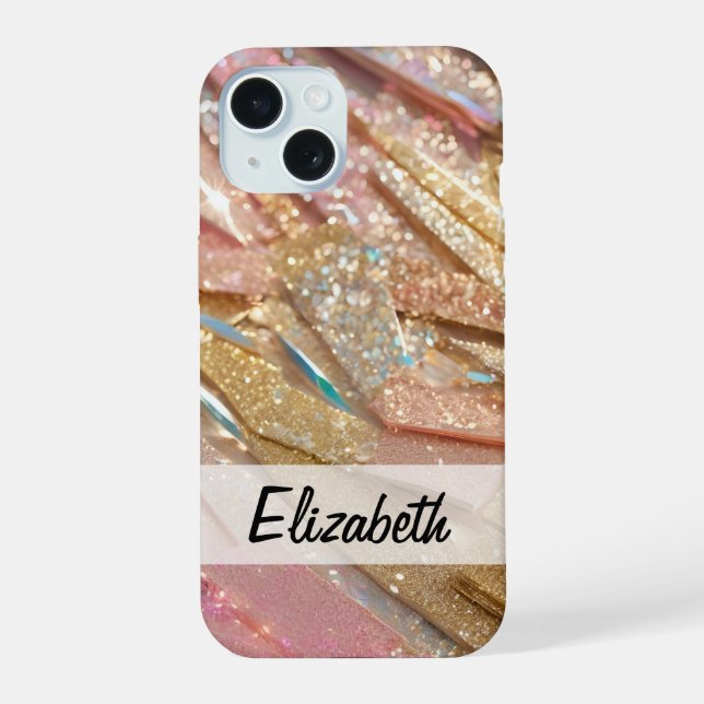 Coque iPhone 15 Parties scintillant d'or bleu pastel (Verso)