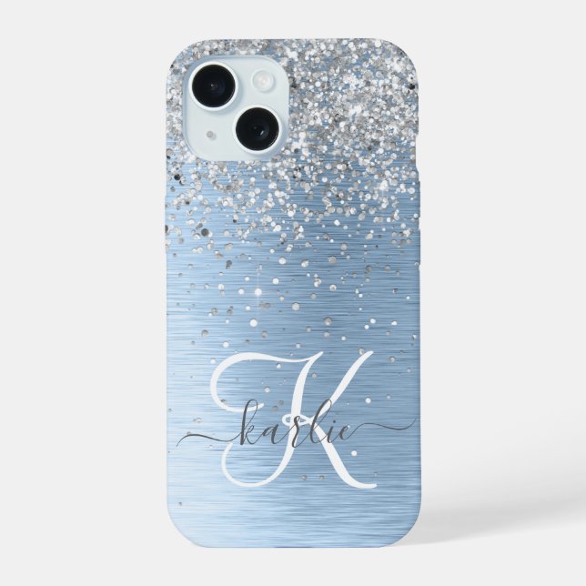 Coque iPhone 15 Parties scintillant en argent brossé bleu Nom du m (Verso)