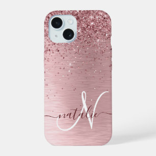 Coque iPhone 15 Parties scintillant en métal brossé rose pâle Nom 