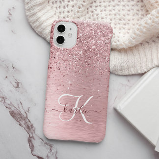 Coque iPhone 15 Parties scintillant en métal brossé rose pâle Nom