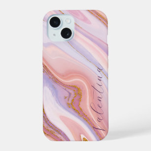 Coque iPhone 15 Parties scintillant en or rose pourpre en marbre d
