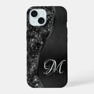 Coque iPhone 15 Parties scintillant noire Bling Glam Personnalisé
