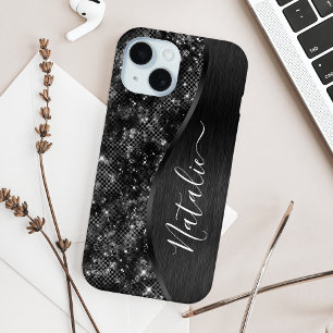 Coque iPhone 15 Parties scintillant noire métallique personnalisée