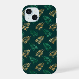 Coque iPhone 15 Parties scintillant verte et or sur Feuilles tropi