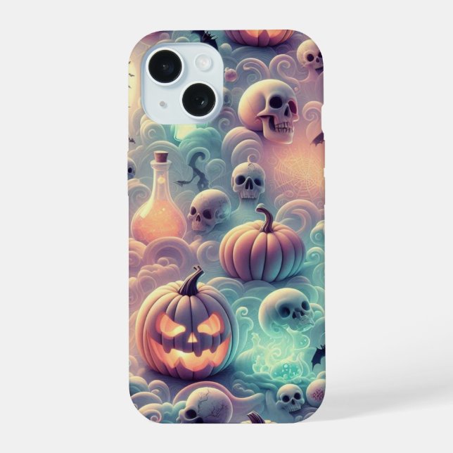 Coque iPhone 15 Pastel Halloween Citrouilles, potions et crânes da (Verso)