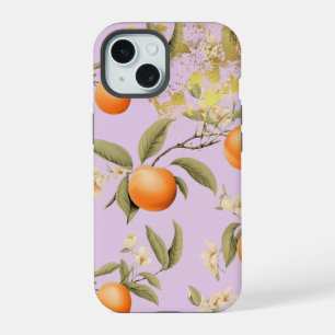 Coque iPhone 15 Pastel Mauve tendance, fruits d'abricot et or chic