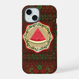Coque iPhone 15 pastèque sur plaque d'olive avec tatreez palestini