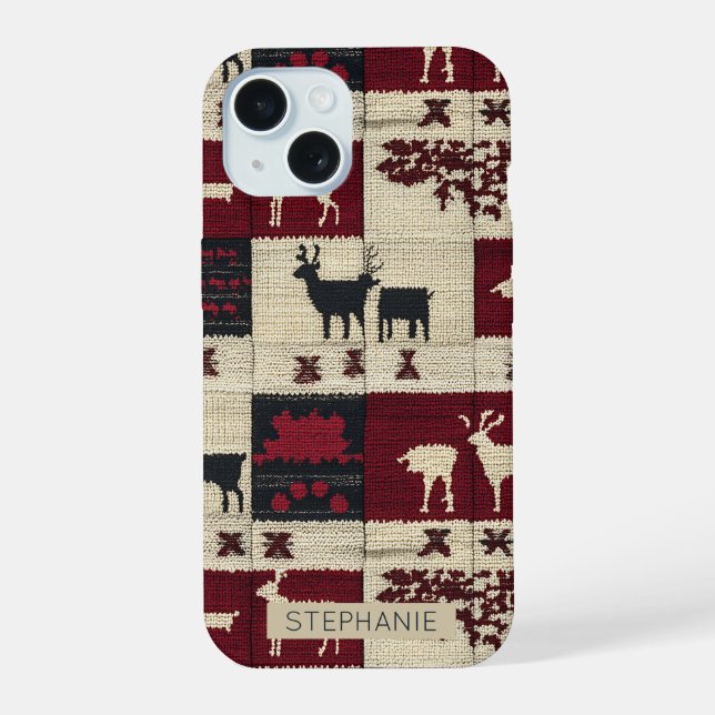 Coque iPhone 15 Patchwork croisé rustique | Folk Holiday Motif (Verso)