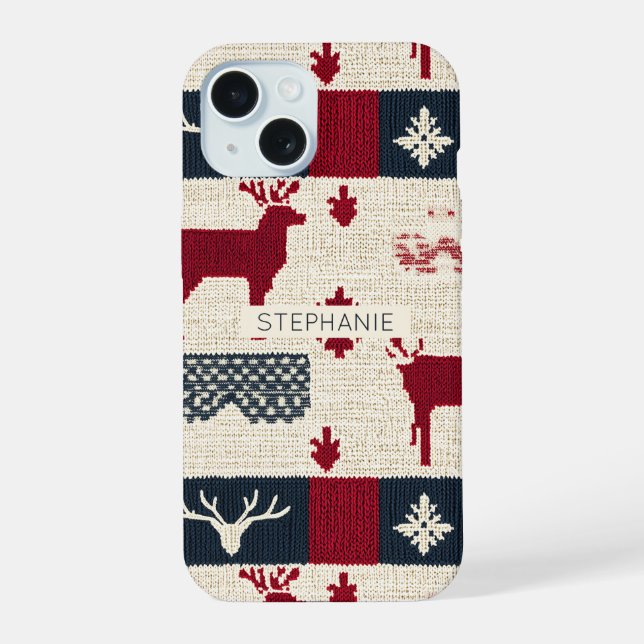Coque iPhone 15 Patchwork nordique de Noël | Rennes (2) (Verso)