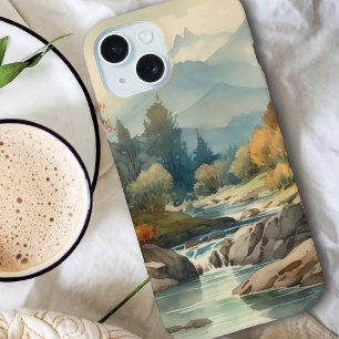 Coque iPhone 15 Paysage de montagne à l'aquarelle avec ruisseau