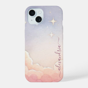 Coque iPhone 15 Paysage de nuages à l'aquarelle Ciel rose avec nom