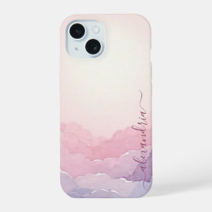 Coque iPhone 15 Paysage de nuages à l'aquarelle Ciel rose avec nom