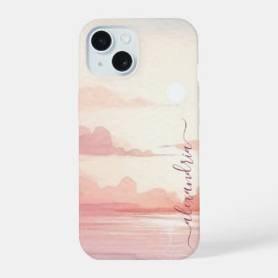 Coque iPhone 15 Paysage de nuages à l'aquarelle Ciel rose avec nom