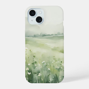 Coque iPhone 15 Paysage de prairie vert sauge aquarelle pour iPhon