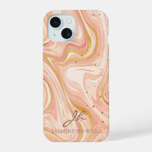 Coque iPhone 15 Peach Cake Marble Parties scintillant or personnal