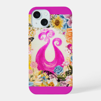 Coque iPhone 15 Peacock Plum rose avec fleurs colorées