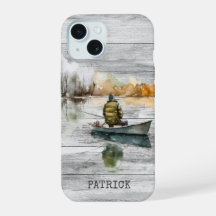 Pêcheur au lac en bois de pêche