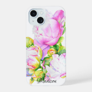 Coque iPhone 15 Peinture aquarelle florale de pivoine élégante ros
